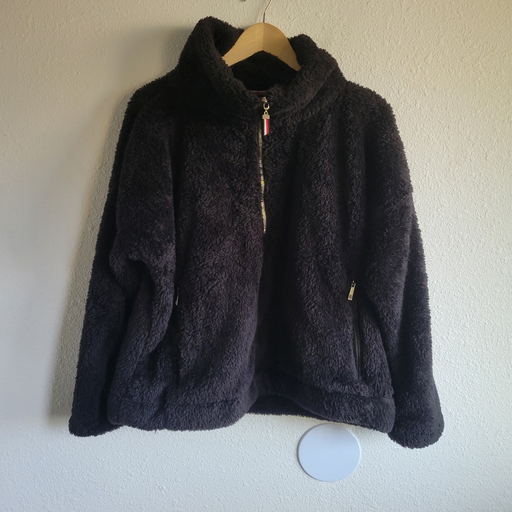 TOMMY HILFIGER Black Faux Fur Sherpa Half Zip Pullover Womens Size L